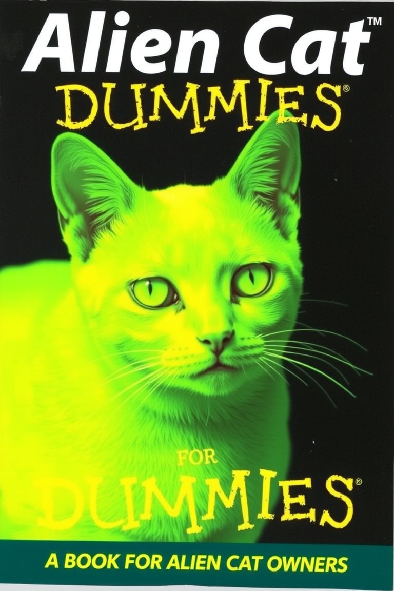 ALIEN CAT FOR DUMMIES BOOK COVER,  NEON GREEN ALIEN CAT,  TEXT ON THE BOTTOM THAT SAYS "A BOOK FOR ALIEN CAT OWNERS." on T...