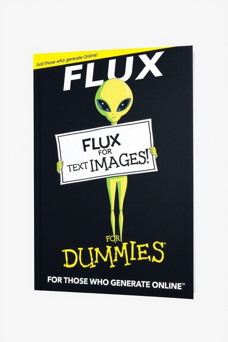 FLUX FOR DUMMIES BOOK COVER,  ALIEN WITH A SIGN THAT SAYS "TEXT TO IMAGE" ,  TEXT ON THE BOTTOM THAT SAYS "JUST DOWNLOAD I...