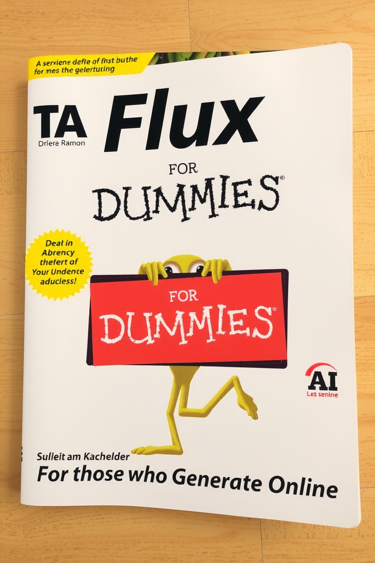 FLUX FOR DUMMIES BOOK COVER,  ALIEN WITH A SIGN THAT SAYS "SCHNELL" ,  TEXT ON THE BOTTOM THAT SAYS "FOR THOSE WHO GENERAT...