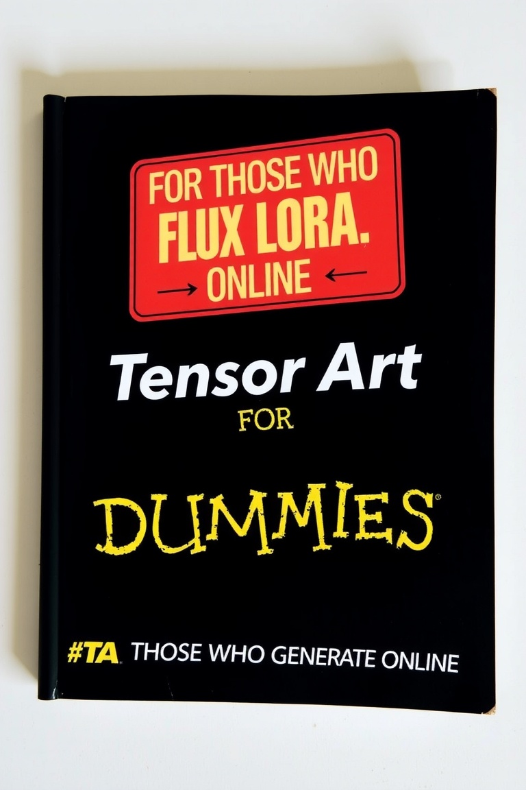 TENSOR ART FOR DUMMIES BOOK COVER,  SIGN THAT SAYS "FLUX LORA" ,  TEXT ON THE BOTTOM THAT SAYS "FOR THOSE WHO GENERATE ONL...