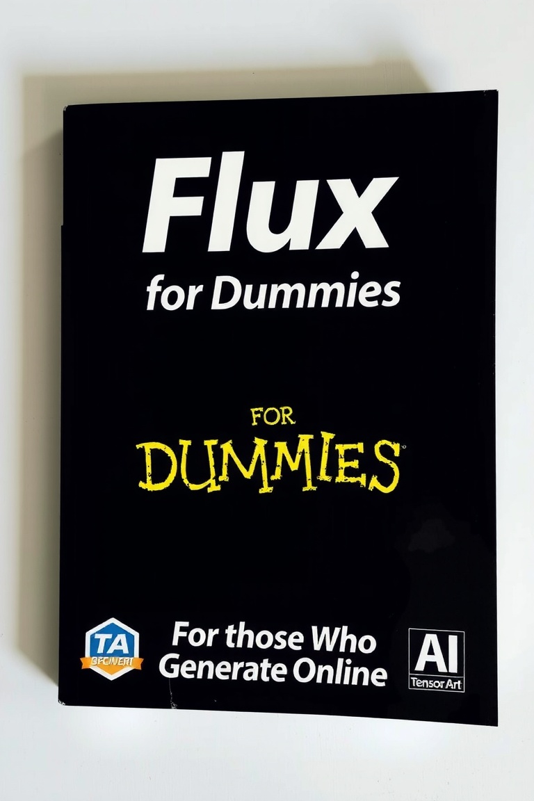 FLUX FOR DUMMIES BOOK COVER,  SIGN THAT SAYS "TENSOR ART" ,  TEXT ON THE BOTTOM THAT SAYS "FOR THOSE WHO GENERATE ONLINE"...