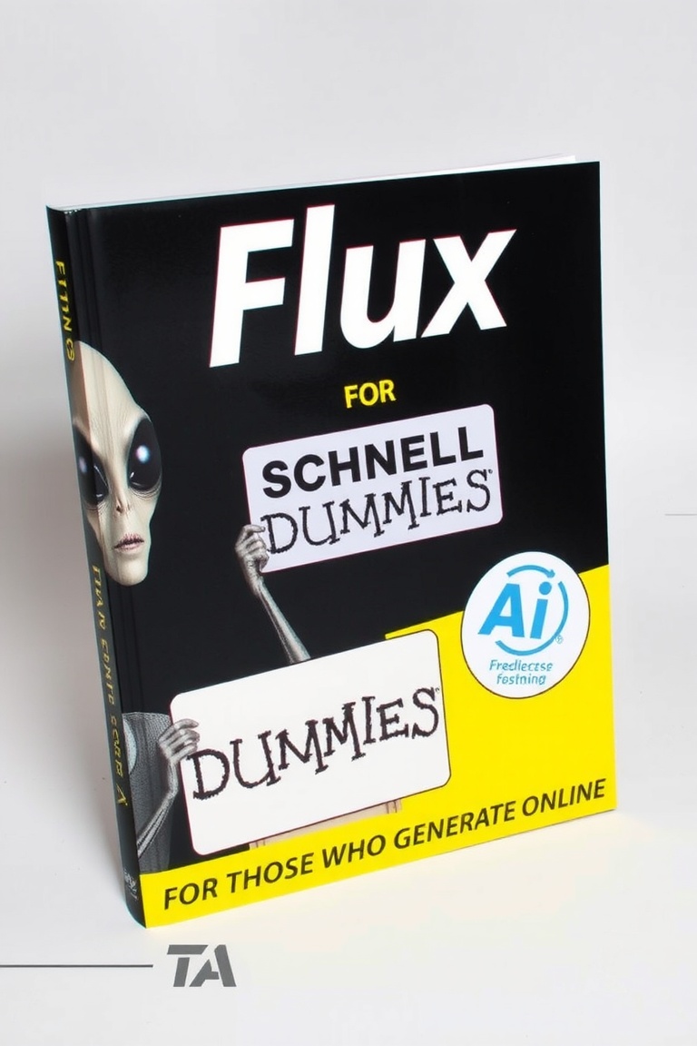 FLUX FOR DUMMIES BOOK COVER,  ALIEN WITH A SIGN THAT SAYS "SCHNELL" ,  TEXT ON THE BOTTOM THAT SAYS "FOR THOSE WHO GENERAT...