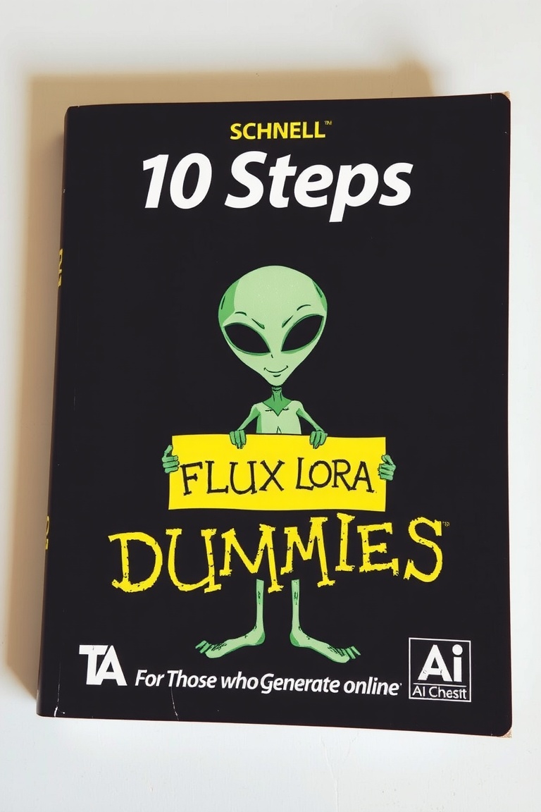 SCHNELL 10 STEPS FOR DUMMIES BOOK COVER,  ALIEN WITH A SIGN THAT SAYS "FLUX LORA" ,  TEXT ON THE BOTTOM THAT SAYS "FOR THO...