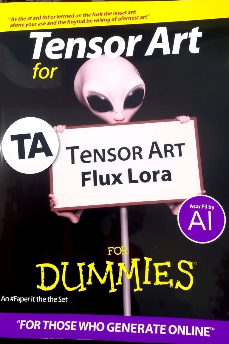 TENSOR ART FOR DUMMIES BOOK COVER,  ALIEN WITH A SIGN THAT SAYS "FLUX LORA" ,  TEXT ON THE BOTTOM THAT SAYS "FOR THOSE WHO...