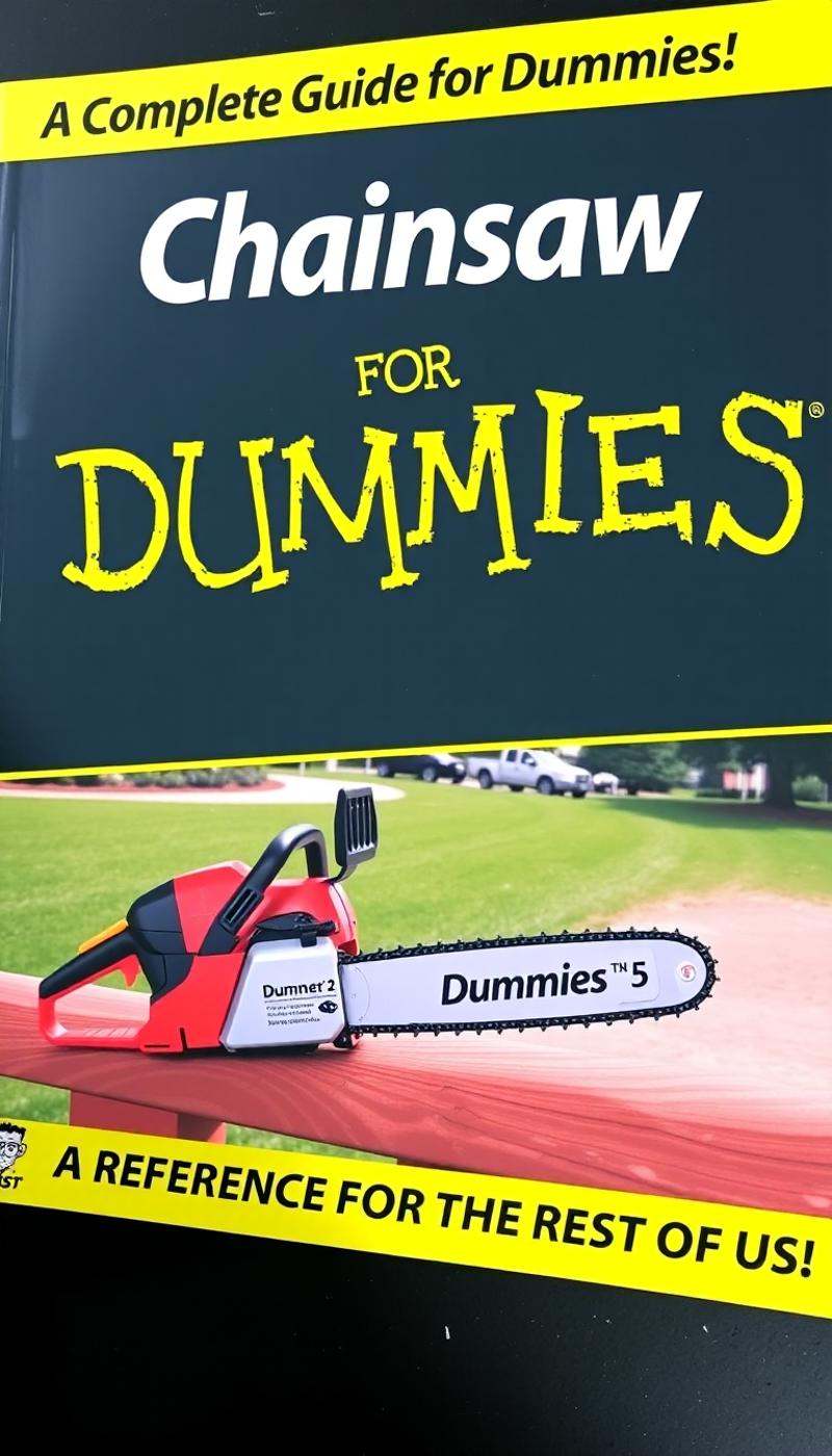 CHAINSAW FOR DUMMIES BOOK COVER,  TEXT ON TOP THAT SAYS "A COMPLETE GUIDE FOR DUMMIES",  DUMMIES LOGO ON BOTTOM on Tensor.Art