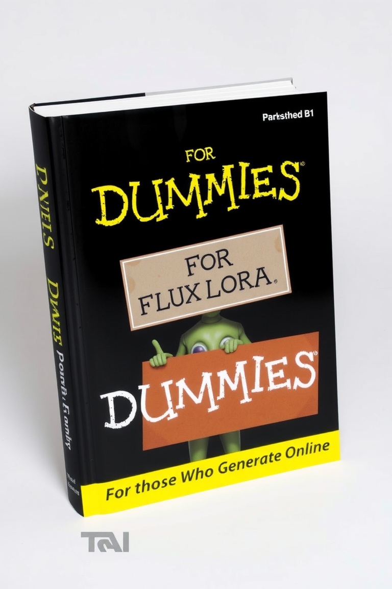 DUMMIES FOR DUMMIES BOOK COVER,  ALIEN WITH A SIGN THAT SAYS "FLUX LORA" ,  TEXT ON THE BOTTOM THAT SAYS "FOR THOSE WHO GE...
