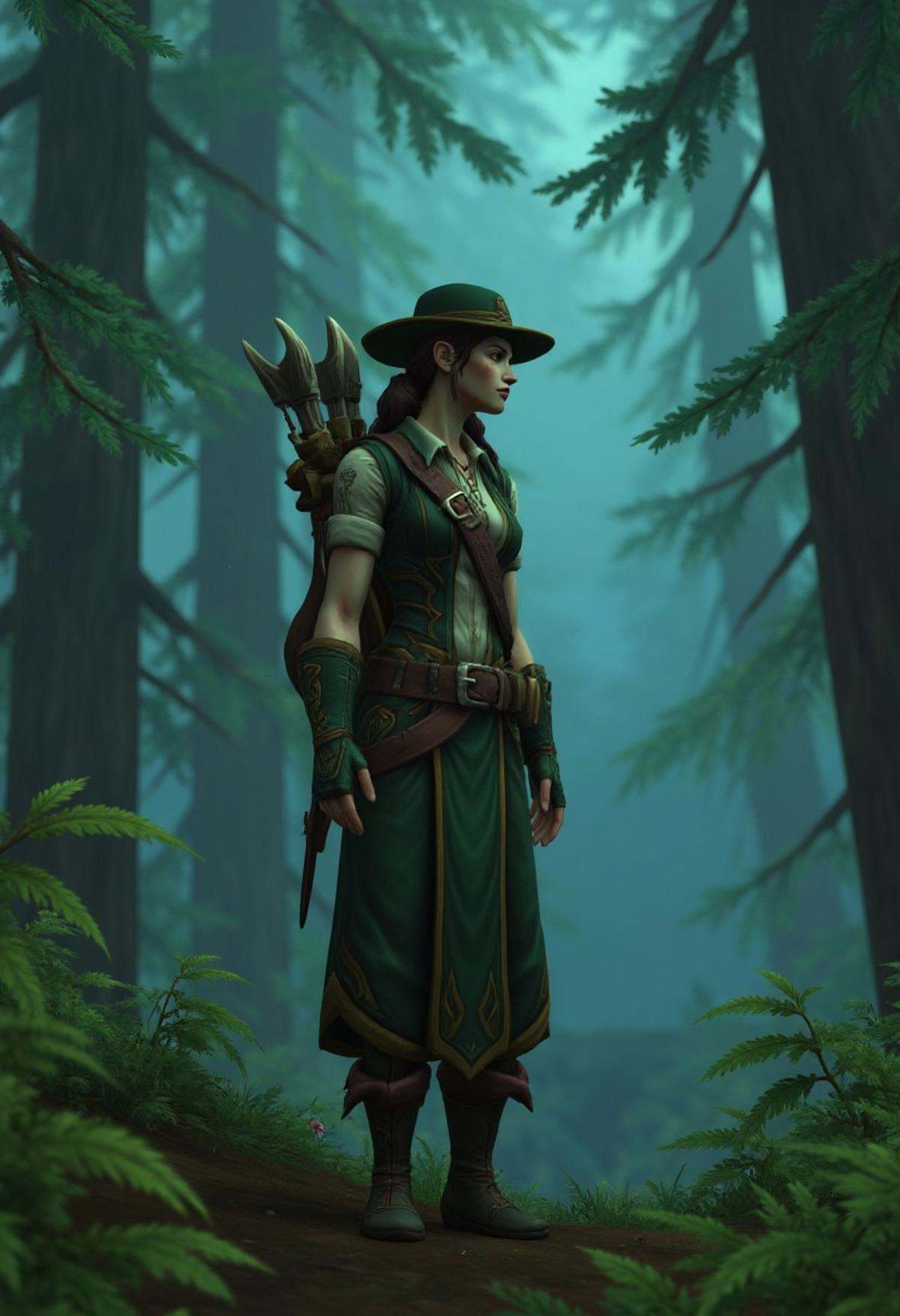 A female night elf in a dense, mystical forest, dressed in hunter attire with a bow slung across her back, appears distracted as she gazes into the distance, world of warcraft