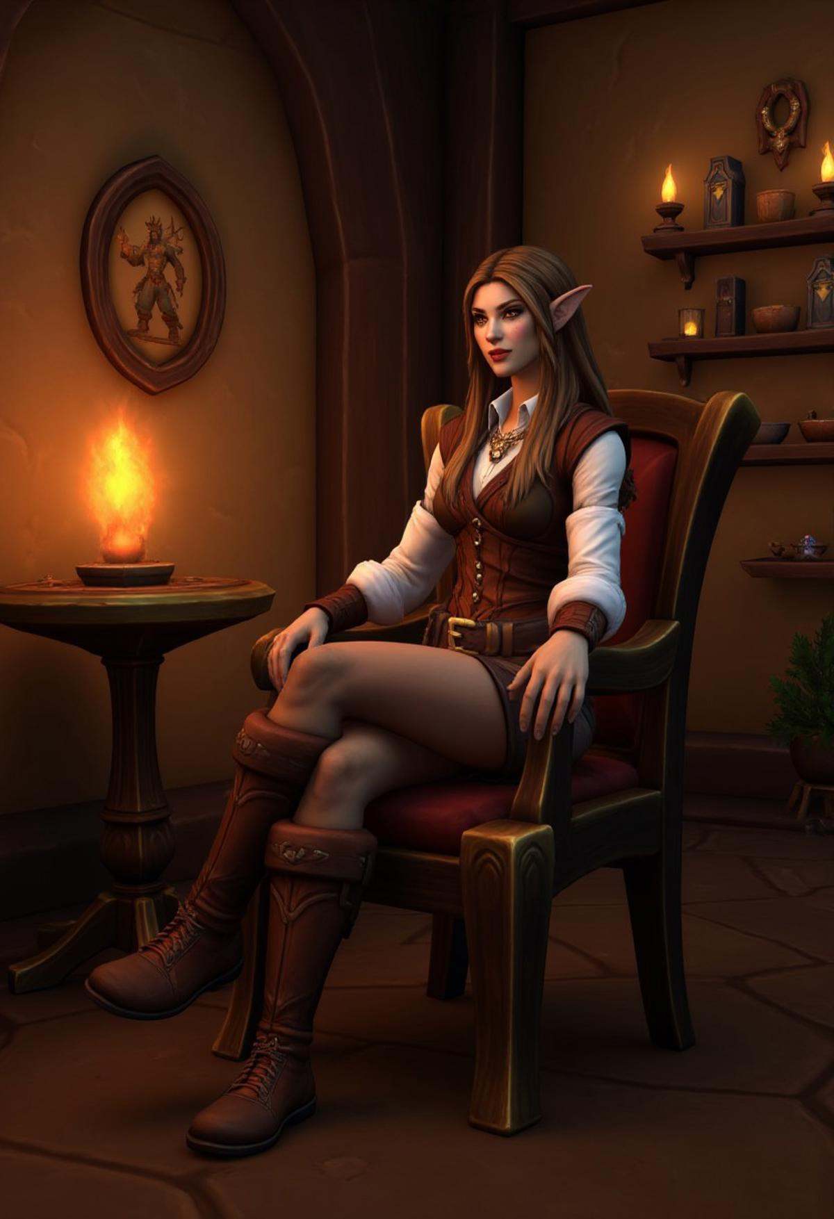 A female elf sits comfortably in a cozy tavern interior, with warm candlelight casting a soft glow around her, world of warcraft