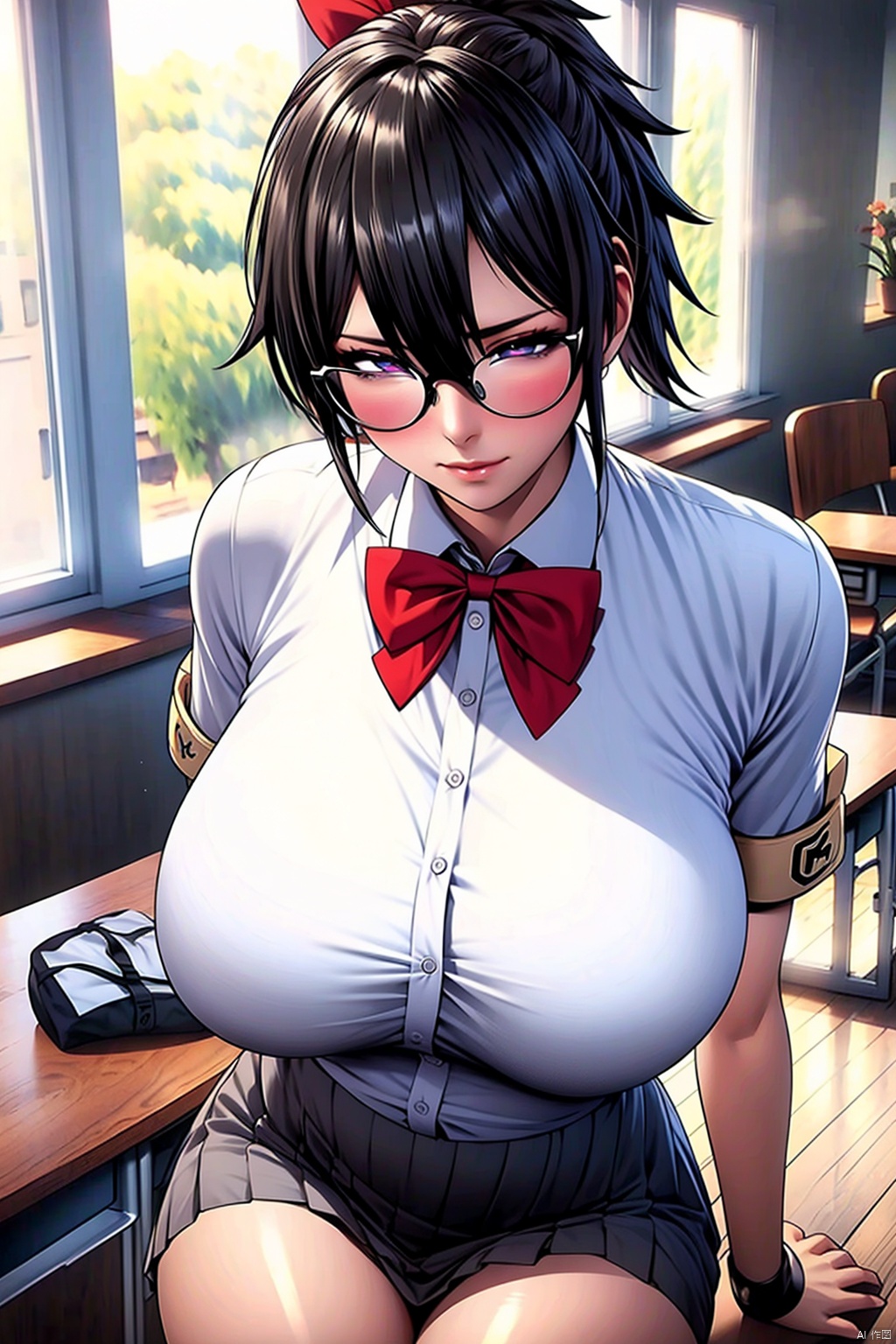 1girl
solo
long hair
breasts
looking at viewer
blush
bangs
skirt
large breasts
shirt
black hair
bow
hair between eyes
sitting
closed mouth
underwear
school uniform
purple eyes
white shirt
ponytail
short sleeves
thighs
pleated skirt
glasses
day
collared shirt
indoors
bowtie
black skirt
bra
huge breasts
red bow
see-through
window
dress shirt
arm support
chair
curtains
red bowtie
armband
desk
black-framed eyewear
sitting on desk

