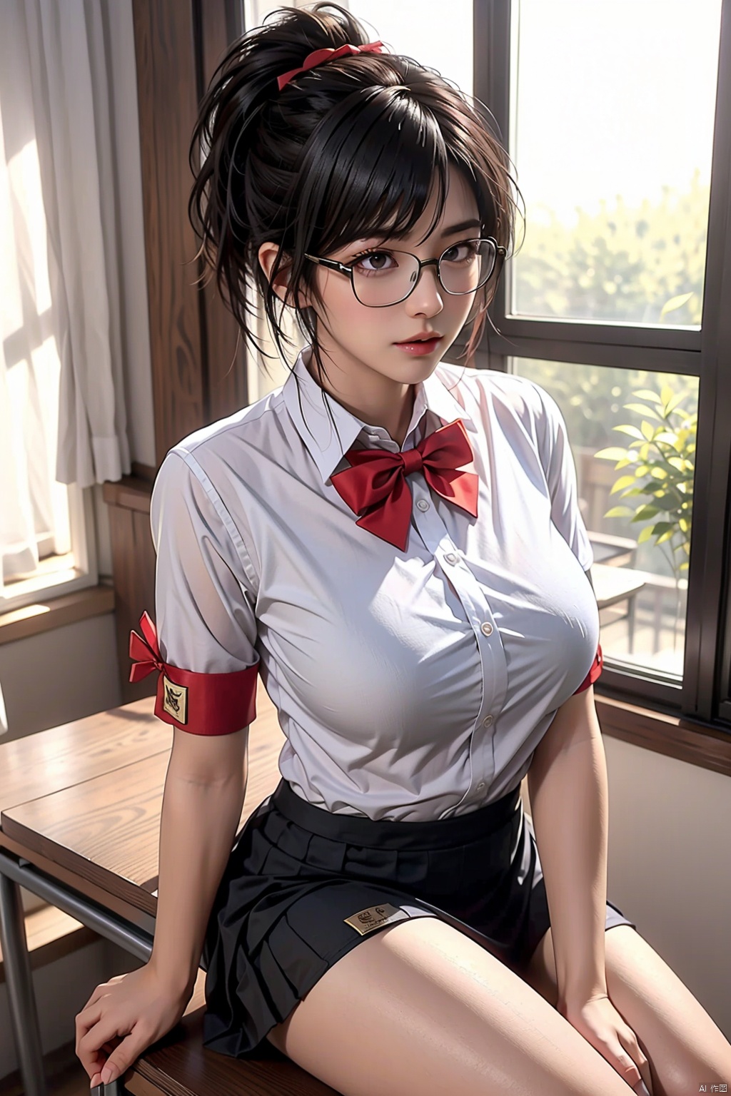 1girl
solo
long hair
breasts
looking at viewer
blush
bangs
skirt
large breasts
shirt
black hair
bow
hair between eyes
sitting
closed mouth
underwear
school uniform
purple eyes
white shirt
ponytail
short sleeves
thighs
pleated skirt
glasses
day
collared shirt
indoors
bowtie
black skirt
bra
huge breasts
red bow
see-through
window
dress shirt
arm support
chair
curtains
red bowtie
armband
desk
black-framed eyewear
sitting on desk
