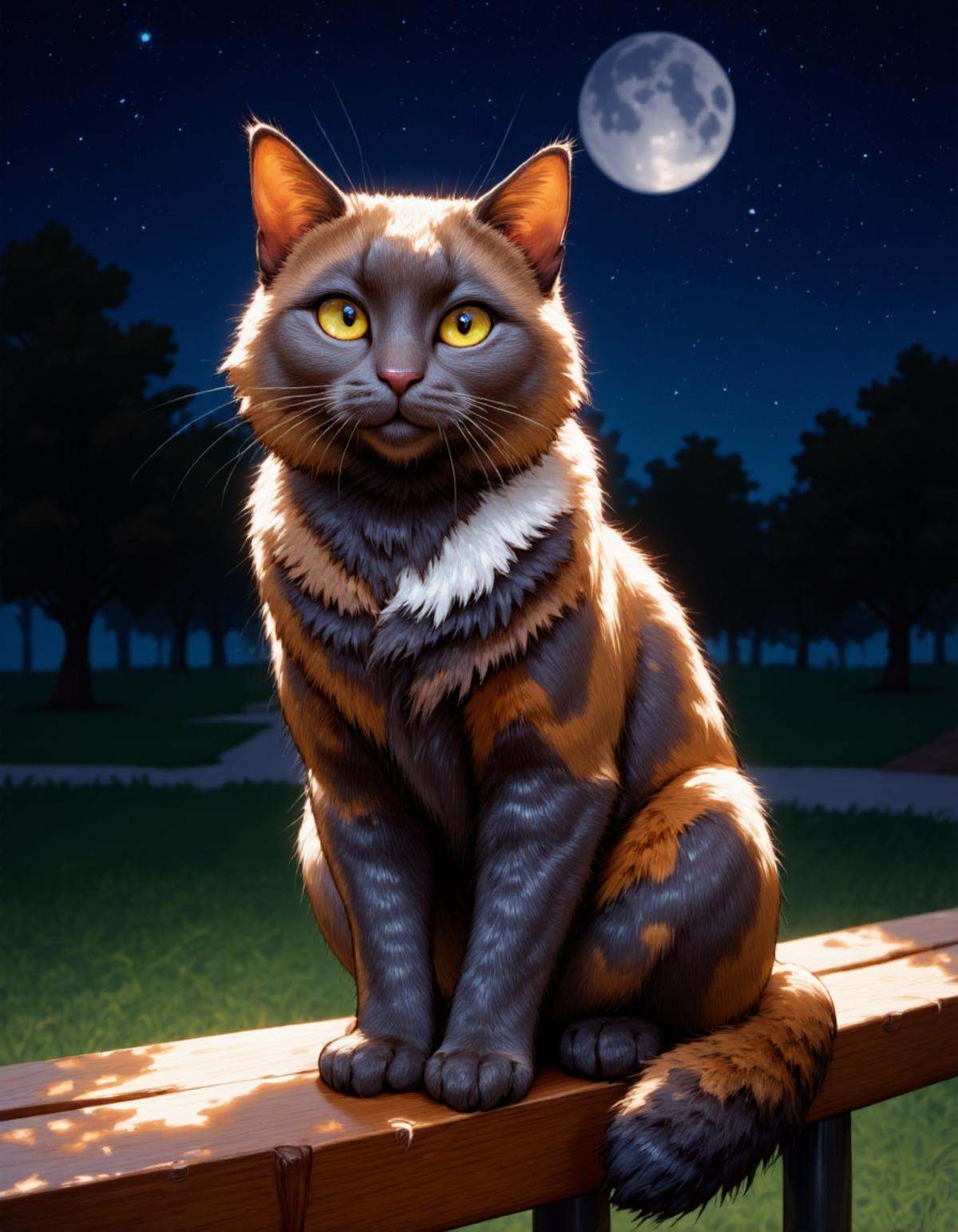 RAW photo,  A Mackerel-patterned cat is sitting on a park bench under the dark night sky.The soft glow of the moon and sta...