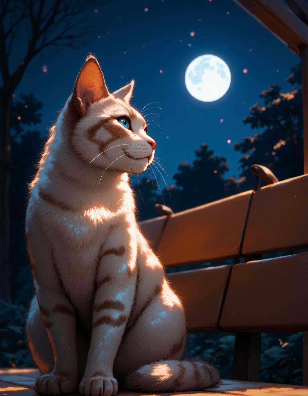 RAW photo,  A Mackerel-patterned cat is sitting on a park bench under the dark night sky.The soft glow of the moon and sta...