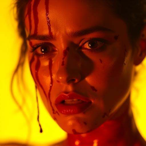 droplets splashing upon impact,  red bl00d dripping down the left side of her forehead,  nose on Tensor.Art