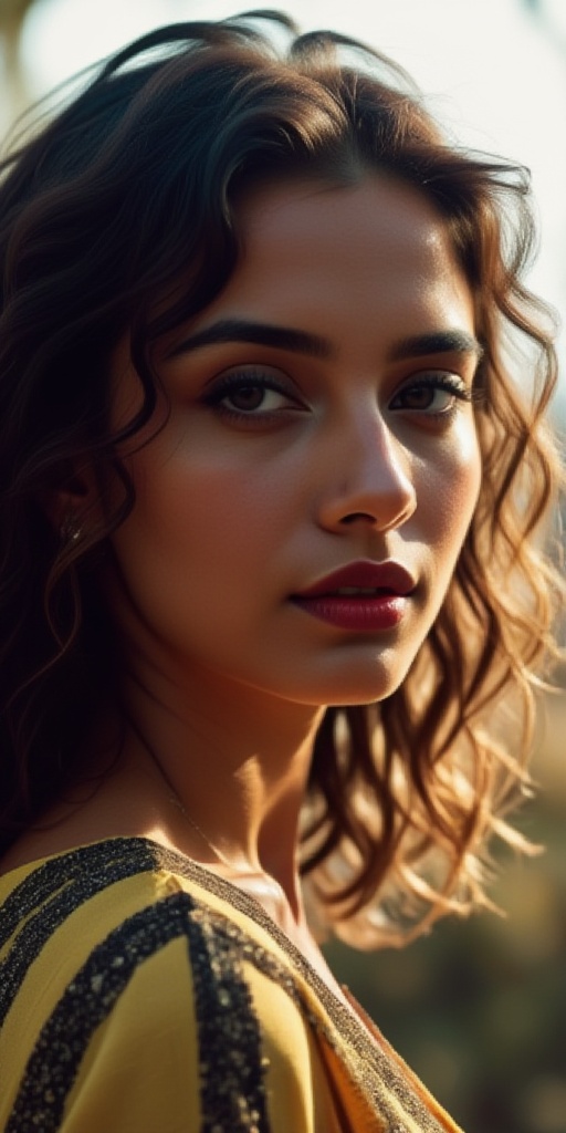 Sunlit Serenity A close-up portrait of an Indian woman with sunlight illuminating her face,  wearing a simple yet elegant...