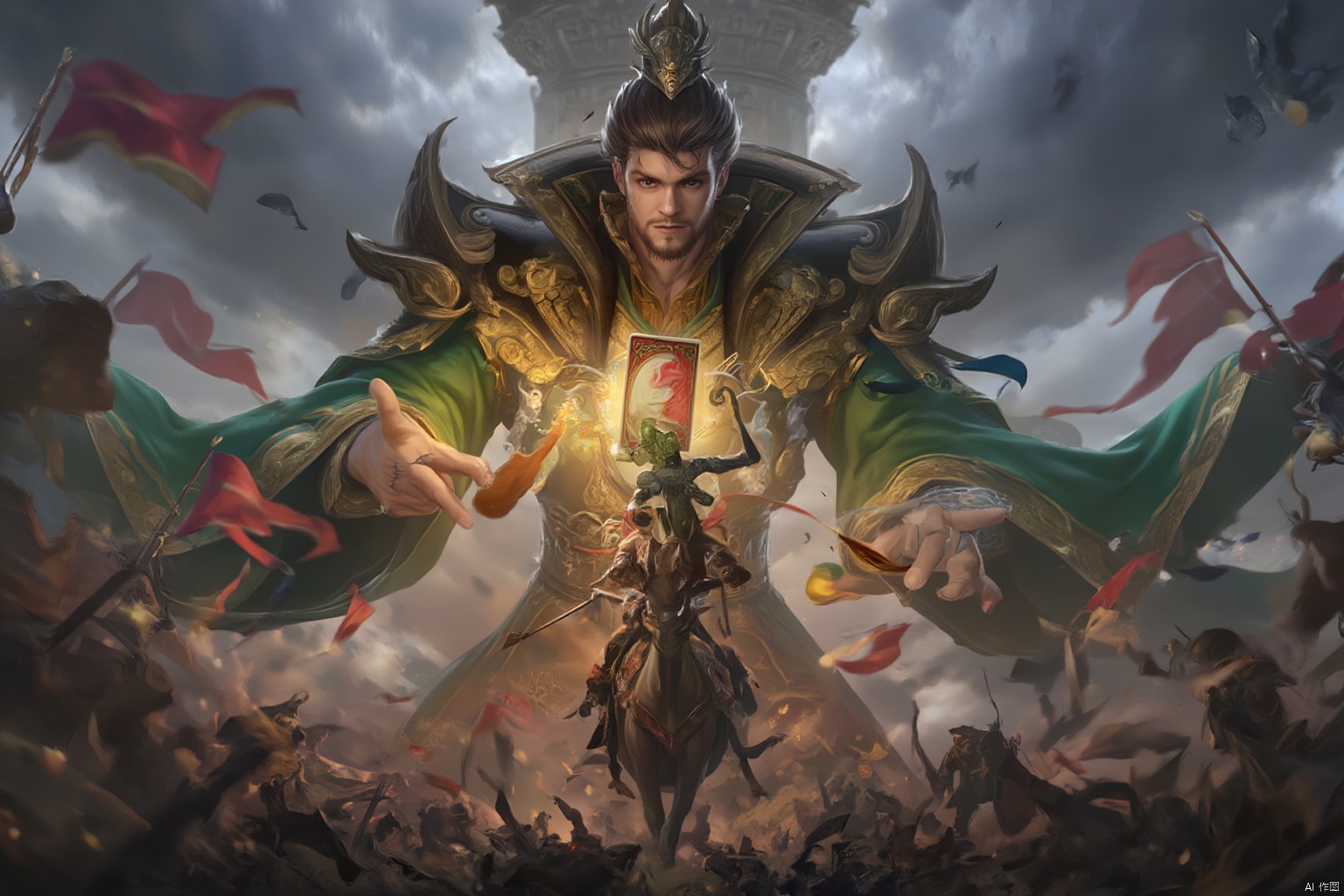 ash, an imaginative illustration, depicts an imposing male character who appears to be a powerful leader or ruler. He wore an ornate green robe with gold decorations and tassels and wore a dragon-shaped crown on his head to signify his noble status. The male character is radiant and appears to be performing magic or controlling a card in his hand suspended in front of him and glowing. In the foreground there is a soldier on horseback going into battle surrounded by other soldiers, and the battlefield is in chaos including flags and weapons. The sky was overcast with dark clouds