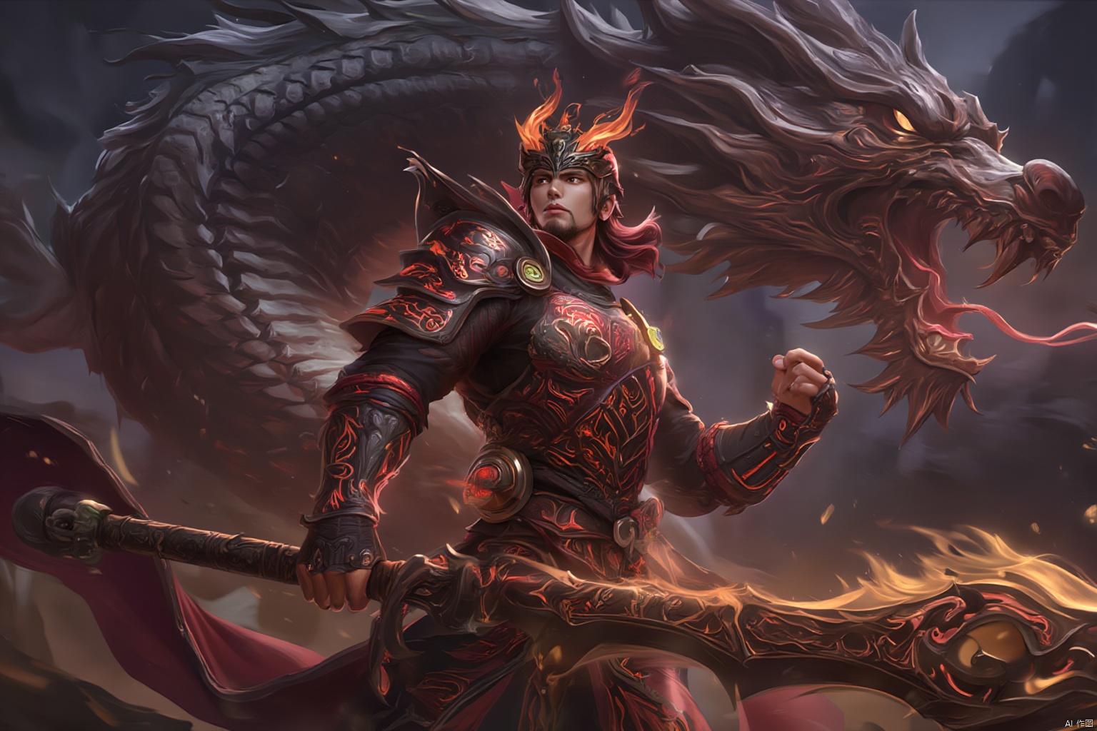 Ash, a man wearing ancient armor, stood in front of a huge dragon-shaped stone sculpture. The man's armor was inlaid with luminous rubies, and each piece of armor was engraved with ancient runes. These runes were glowing slightly, and seemed to be alive on the armor's surface. There is a pair of dragon horns on his helmet, and a cold light flashes in his eyes, which seems to be able to penetrate all lies. His right hand is holding a huge long sword. The blade is engraved with complex dragon patterns. These dragon patterns are shining with faint golden light, as if the sword contains huge power.