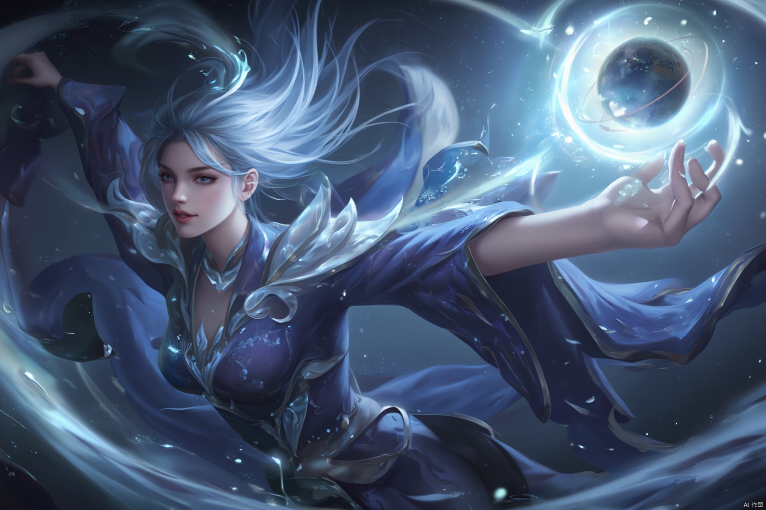 Ash, a female character floating in mid-air, her body seems to be condensed by the light of stars, exuding a faint blue light. Her skin was crystal clear, as if you could see the starlight flowing inside. Her hair was like a flowing galaxy, slowly blowing in the breeze, with twinkling stardust mixed in between the hair strands. Her eyes exuded the light from the depths of the universe, and her eyes seemed to reflect the endless starry sky. She wore a robe woven from countless stars. Every part of the robe seemed to be a miniature galaxy, rotating slightly with her movements. Her fingers were long and slender, and a luminous planet was suspended on her fingertips. The planet rotated slowly under her control. The surface of the planet shone with delicate light patterns, as if countless microscopic creatures were living on it.