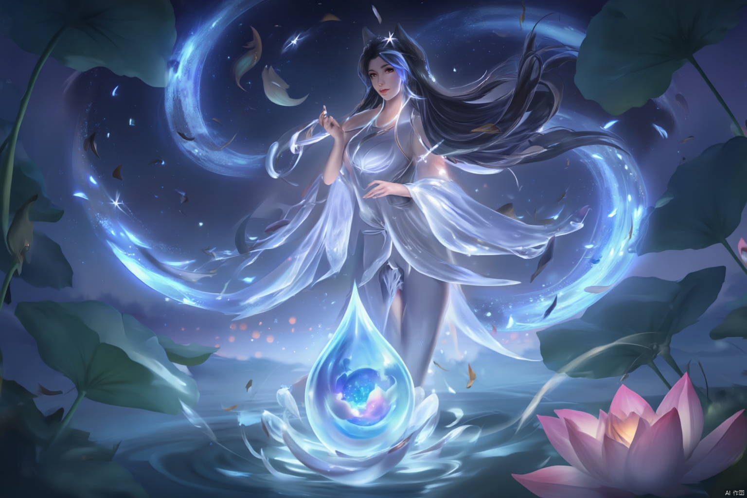 ash, a mysterious female figure stands on a suspended lotus platform, her image is both elegant and powerful. She was wearing a gauze dress woven from bright starlight, and each piece of fabric seemed to be a fragment of the Milky Way, surrounding her. Her hair was as dark as the night sky, but gradually turned silvery white at the ends, as if echoing her clothes. Her eyes were as deep as the bottomless universe, twinkling with starlight, as if they could see through people's hearts. She raised her hands gently, and pieces of transparent petals emerged from her fingertips. These petals emitted soft blue light and slowly rotated in the air, forming a halo around her. The center of the halo is a huge lotus flower, with a crystal clear water drop suspended in the center of the lotus flower. Inside this water droplet, there seems to be a miniature universe, radiant with light.