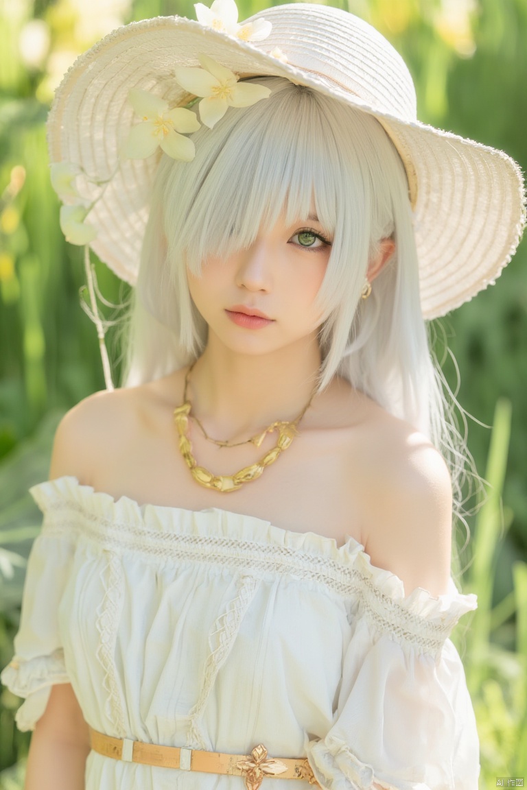 firefly,1girl,solo,hat,dress,flower,long hair,jewelry,white hair,green eyes,necklace,looking at viewer,white flower,bare shoulders,outdoors,white dress,white headwear,leaf,off-shoulder dress,hair over one eye,off shoulder,blush,bangs,sun hat,collarbone,hat flower,closed mouth,plaid,frills,frilled dressfirefly,