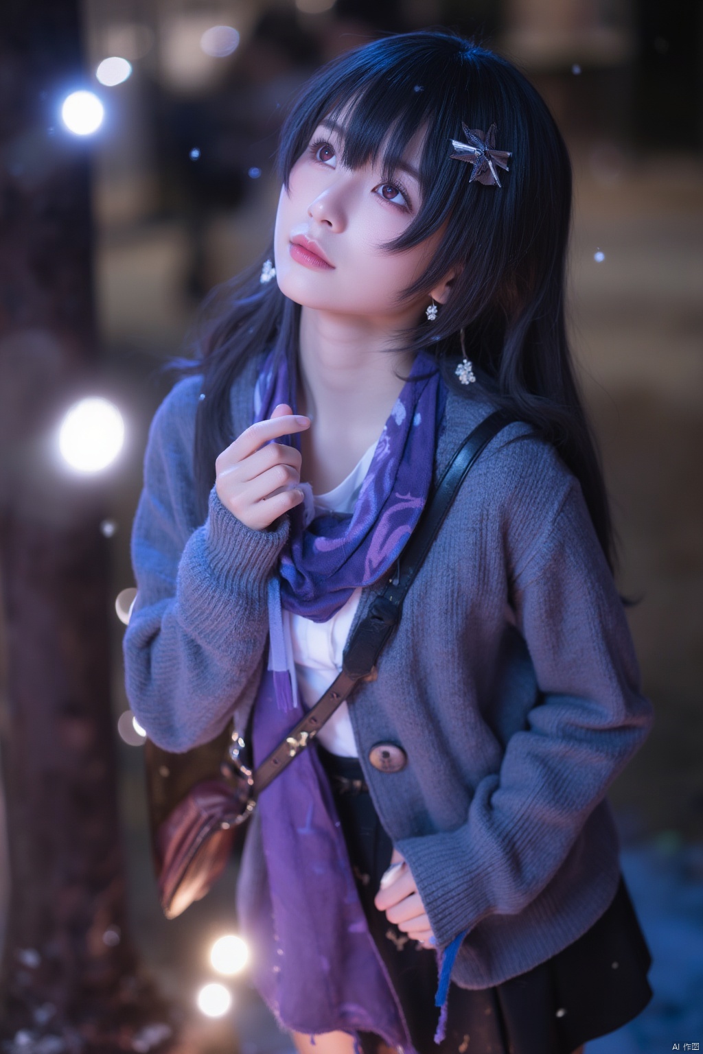 (masterpiece), (best quality), illustration, ultra detailed, hdr, Depth of field, (colorful),loli,[Artist:wlop],[[Artist:sheya]],Artist:hiten_(hitenkei),Artist:tokkyu, 1girl, scarf, solo, black hair, long hair, bag, looking up, hair ornament, snowflakes, long sleeves, snowing, hairclip, purple scarf, open clothes, parted lips, skirt, cardigan, outdoors, blurry, night, blush, upper body, sweater, purple eyes, breath, shoulder bag, pink eyes, shirt, earrings, blurry background, white shirt, hair between eyes