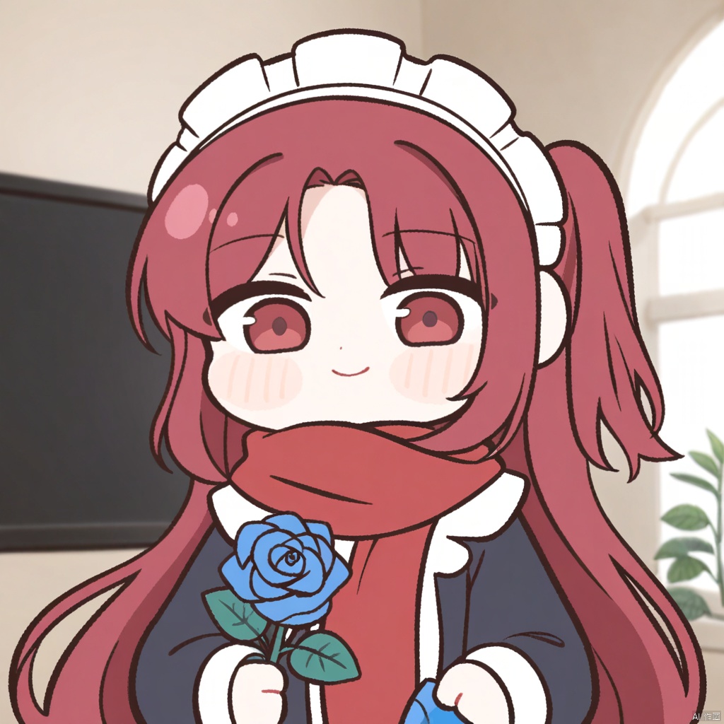 1girl,solo,red hair,red_eyes,red scarf,maid,chibi,
meme,Give you a blue rose,toward the lens,roses,with blue rose,holding,upper body,smile,big rose,blue rose near view,Focus on the blue rose,