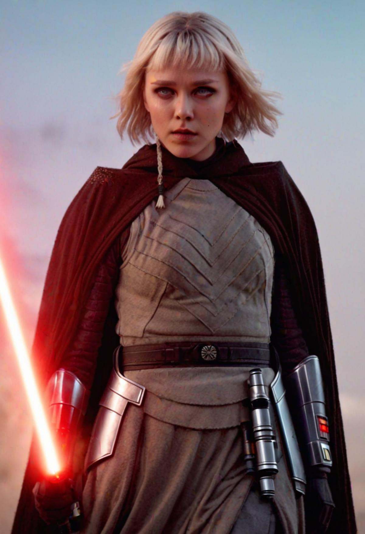 fighting,  she has a red lightsaber holding it with both hands,  full body on Tensor.Art