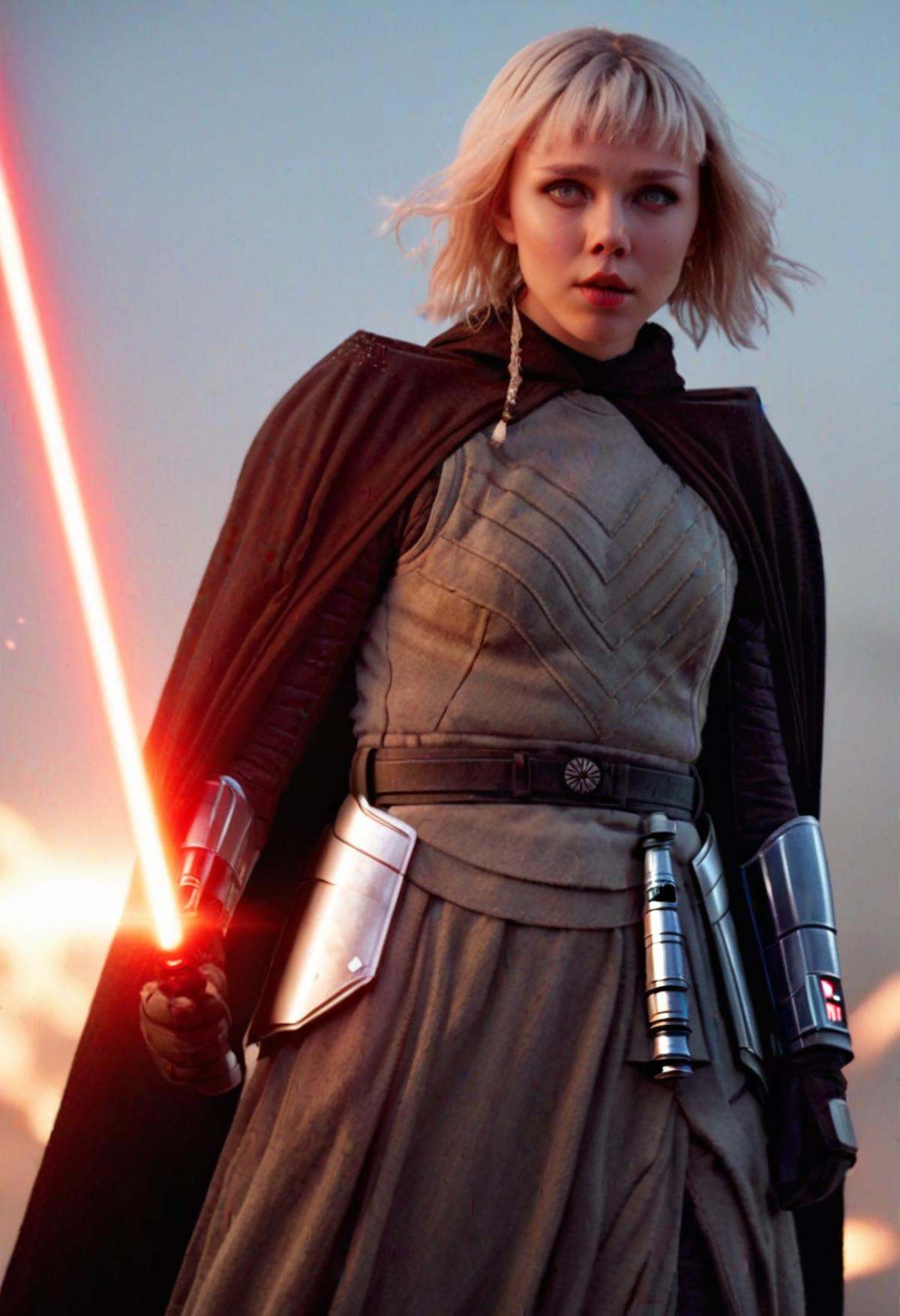 fighting,  she has a red lightsaber holding it with both hands,  full body on Tensor.Art