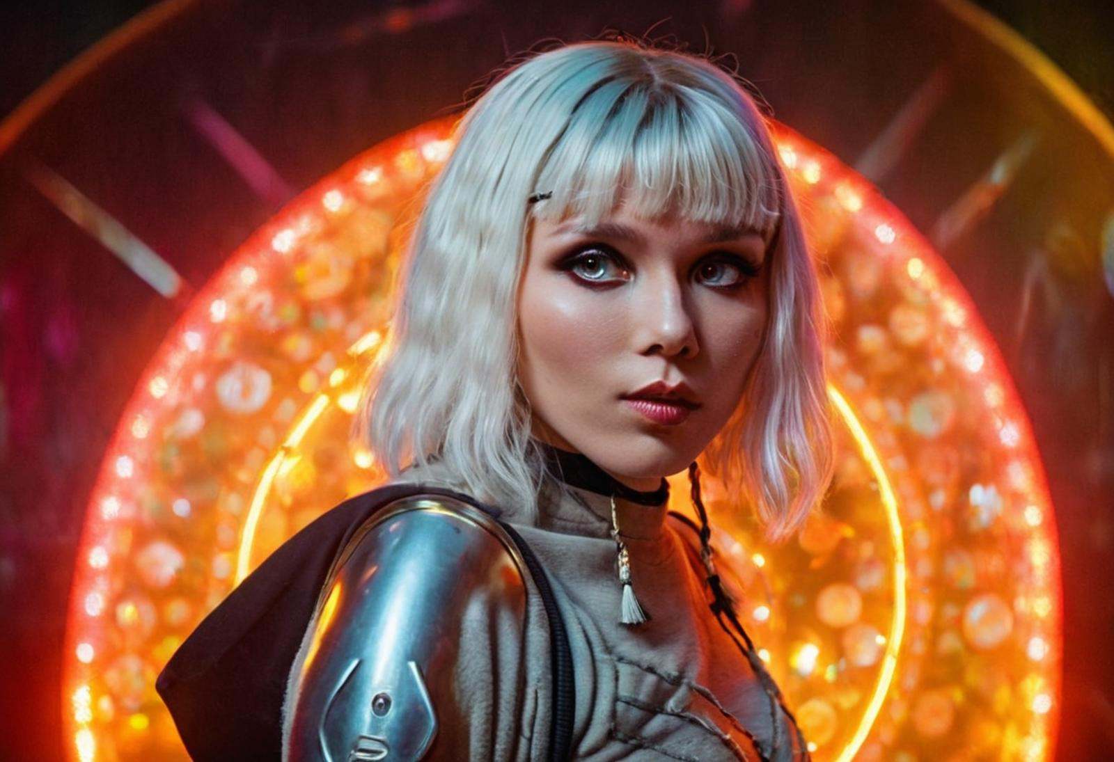 Disco-themed eyes shaded in black,  pale skin,  white hair with bangs on Tensor.Art