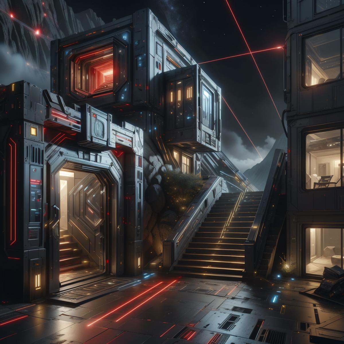 <lora:LaserTech:0.8> , scifi , lasertech , military grade,red lasers,   futuristic house on a hill, soothing scenery, stairs,  door,  night,  