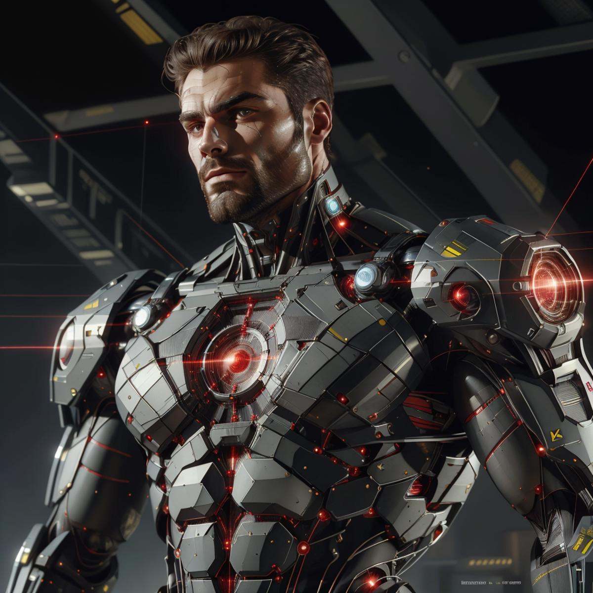<lora:LaserTech:0.8> , scifi , lasertech , military grade,red lasers,   man, <lora:Gigachadv1:0.4> gigachad, upper body,closeup, bodysuit, 