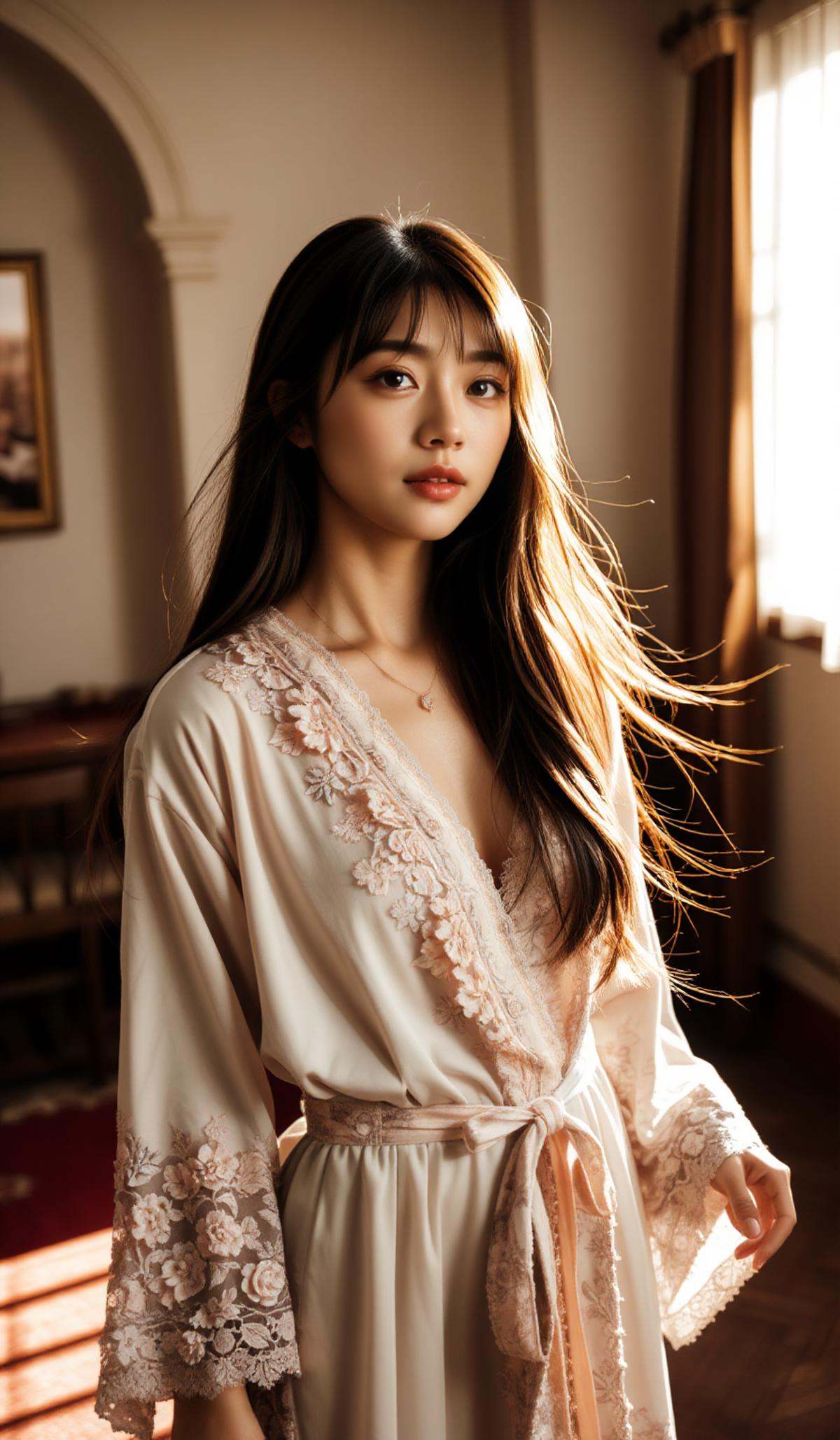 A best quality,  masterpiece raw photo of a girl dressed in a long floral lace robe with ornate details,  complemented by...