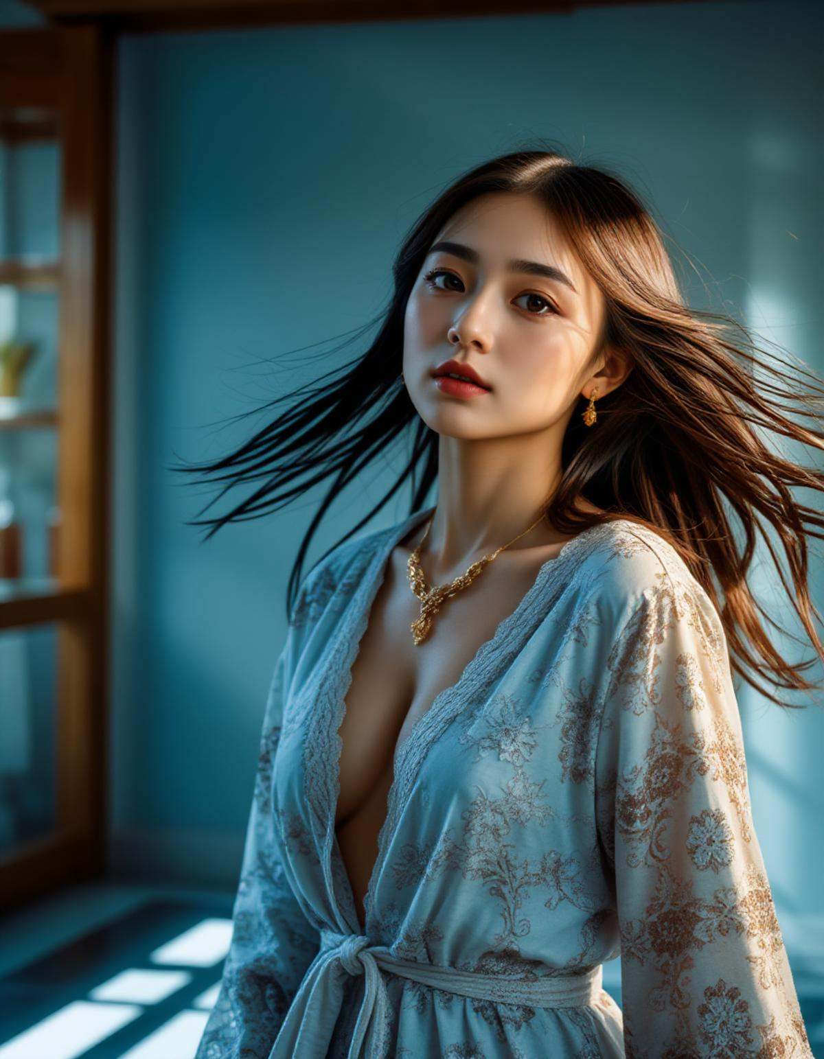 A best quality,  masterpiece raw photo of a girl dressed in a long floral lace robe with ornate details,  complemented by...