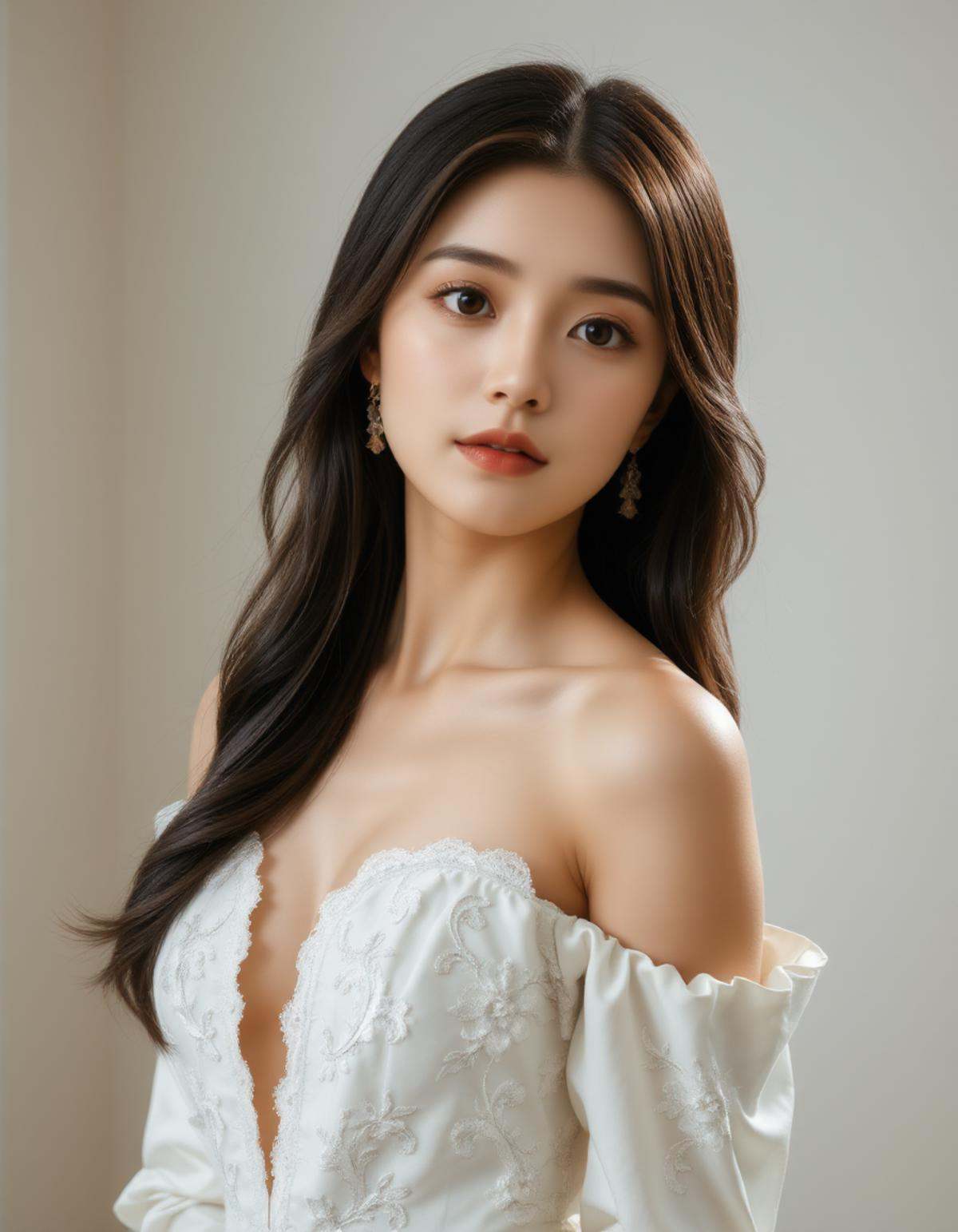 best quality,  masterpiece,  raw photo of a girl in white off-shoulder Rococo which often for ornate details on Tensor.Art