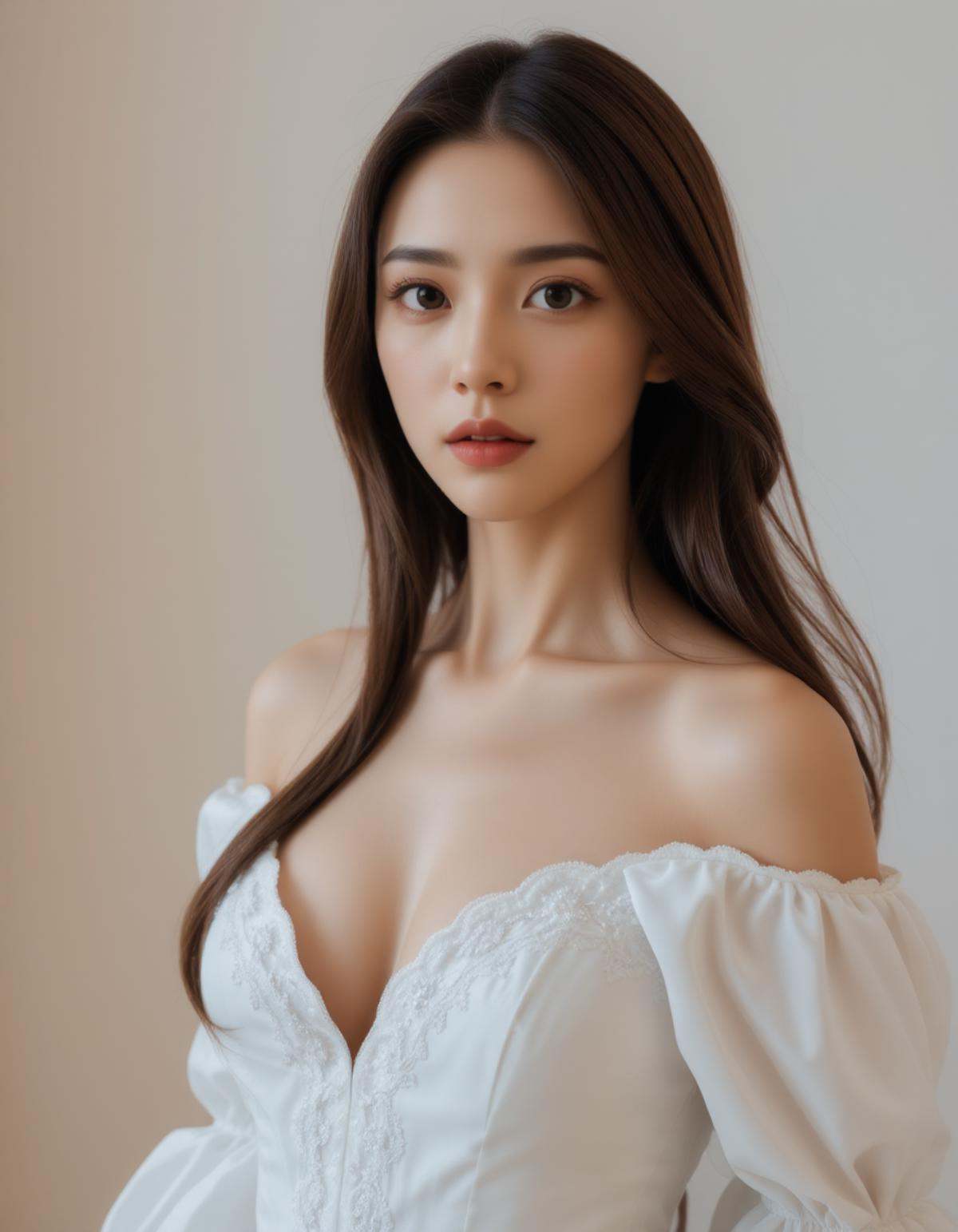 best quality,  masterpiece,  raw photo of a girl in white off-shoulder Rococo which often for ornate details on Tensor.Art