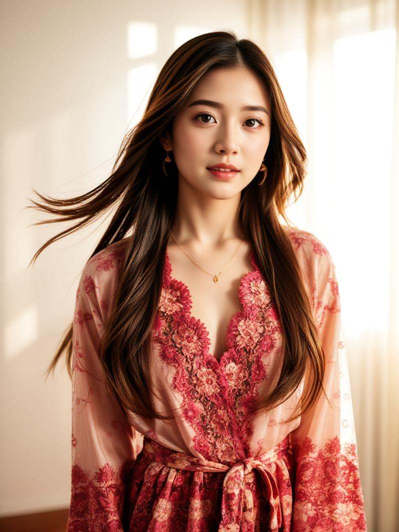 A best quality,  masterpiece raw photo of a girl dressed in a long floral lace robe with ornate details,  complemented by...