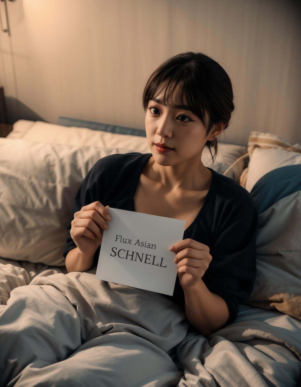 A woman sitting comfortably on a cozy bed,  holding a piece of paper with the words "Flux Asian SCHNELL" written on it. Th...