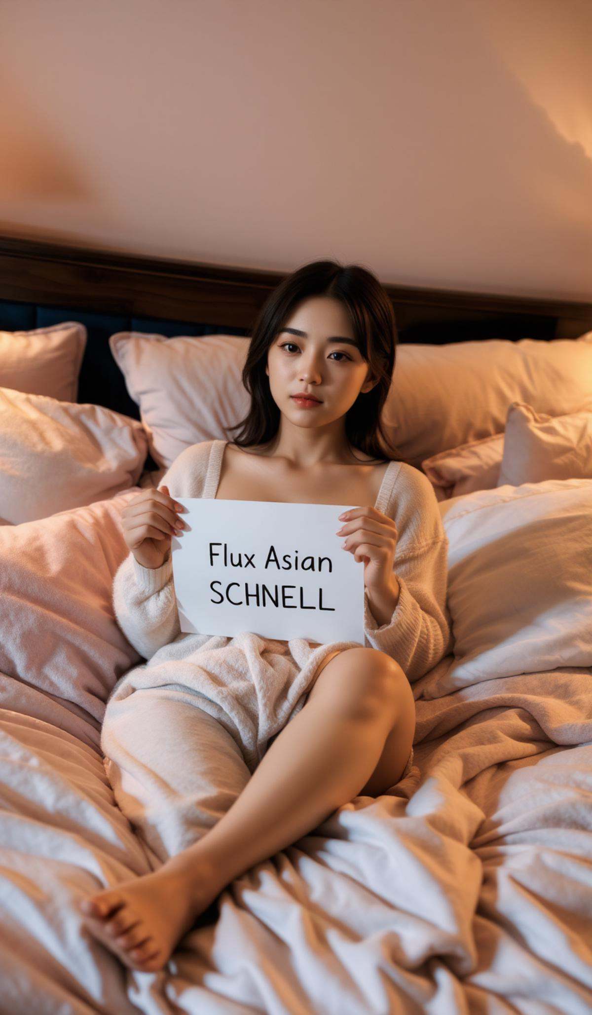 A woman sitting comfortably on a cozy bed,  holding a piece of paper with the words "Flux Asian SCHNELL" written on it. Th...