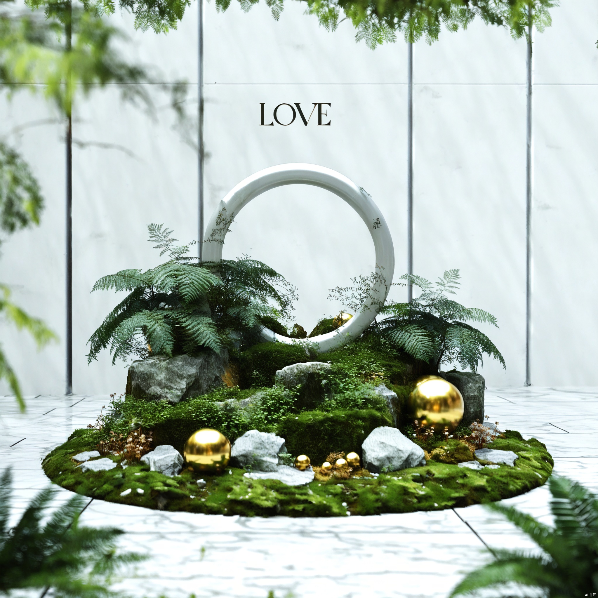 a small display of the letter "O" is displayed on a white marble floor. The letter "V" is made of a shiny, reflective metal, adding a touch of shine to the scene. The display features a variety of plants, including ferns, shrubs, and rocks, arranged in a circular pattern. The base of the display is made up of green moss, with a few small rocks scattered around it. To the right of the base, there are two gold balls, one on each side and one on the other. Behind the plants, there is a white wall with a sign that reads "LOVE" in a foreign language. The wall is adorned with a series of white dots, adding to the overall composition of the image.