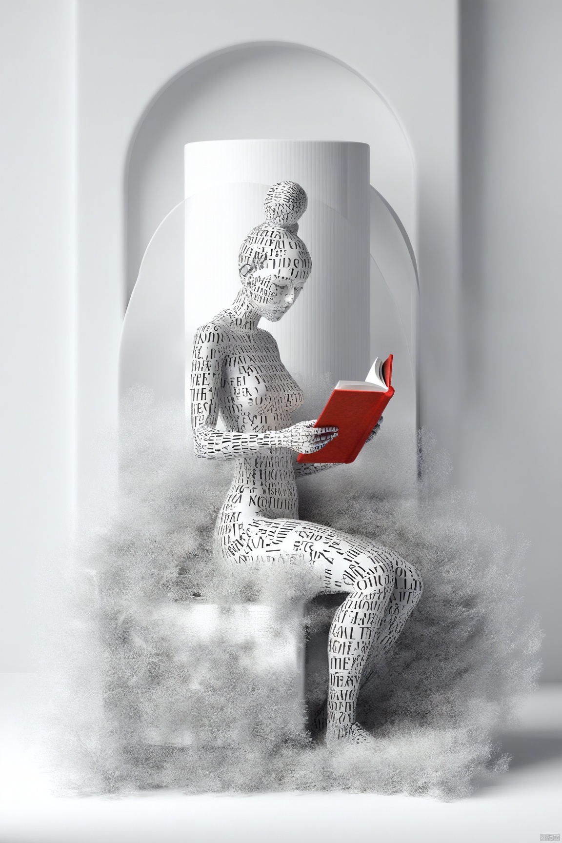  unique and artistic realistic editorial sculpture of a human figure covered in text, sitting in a contemplative pose while reading a red book. The figure, entirely adorned with black letters on a white surface, symbolizes the fusion of knowledge, thought, and art. The sculpture is posed with one hand supporting the head, conveying a sense of deep concentration or introspection. The overall aesthetic is modern and thought-provoking, ideal for themes related to literacy, knowledge, and the human connection to learning. Key Elements: Lighting: Soft, diffused lighting to highlight the text details on the figure while minimizing harsh shadows. The lighting should bring out the textures of the sculpture and emphasize the red book as a focal point. Composition: A clean, centered shot with the sculpture prominently displayed against a neutral background, allowing the intricate text and pose of the figure to stand out. The red book should catch the eye, drawing attention to the figure's thoughtful demeanor. Mood: Intellectual, artistic, and contemplative, with an emphasis on the sculpture's symbolic representation of learning and reflection. Colors: Predominantly monochromatic with black text on a white figure, accented by the striking red of the book, creating a powerful contrast that emphasizes the theme of reading and knowledge.