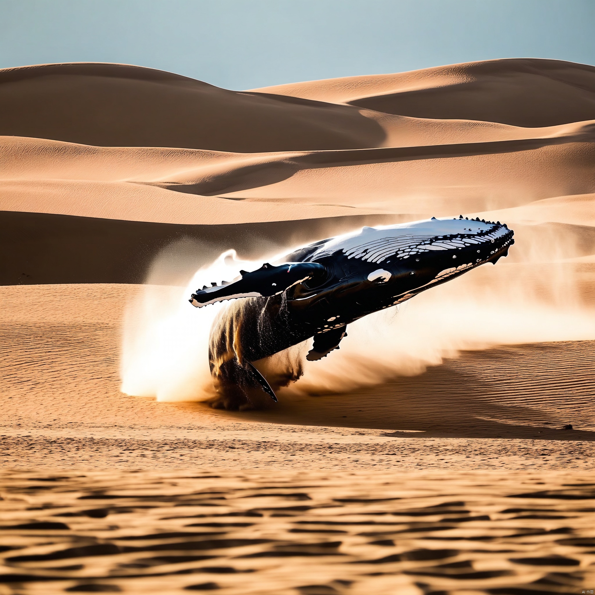 camera low angle, big whale jump from underground to air, sand desert, sand splash, dust, cinematic, still of film
