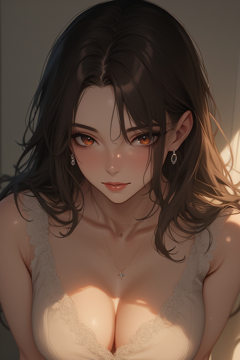 A serene young girl sits in a soft-lit studio setting,  her gentle gaze directed at the camera. Her porcelain skin glows w...