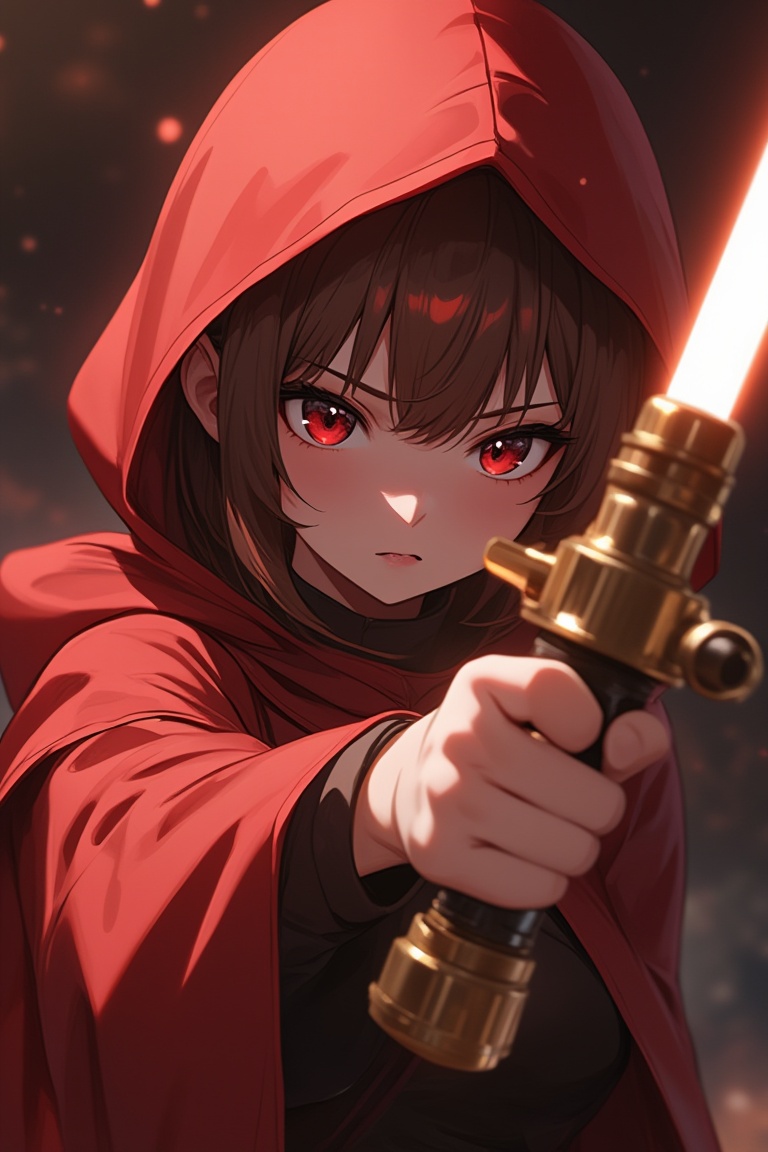 A cinematic frame captures a striking anime scene: a young girl dressed in a vibrant red Riding Hood costume,  her gaze in...