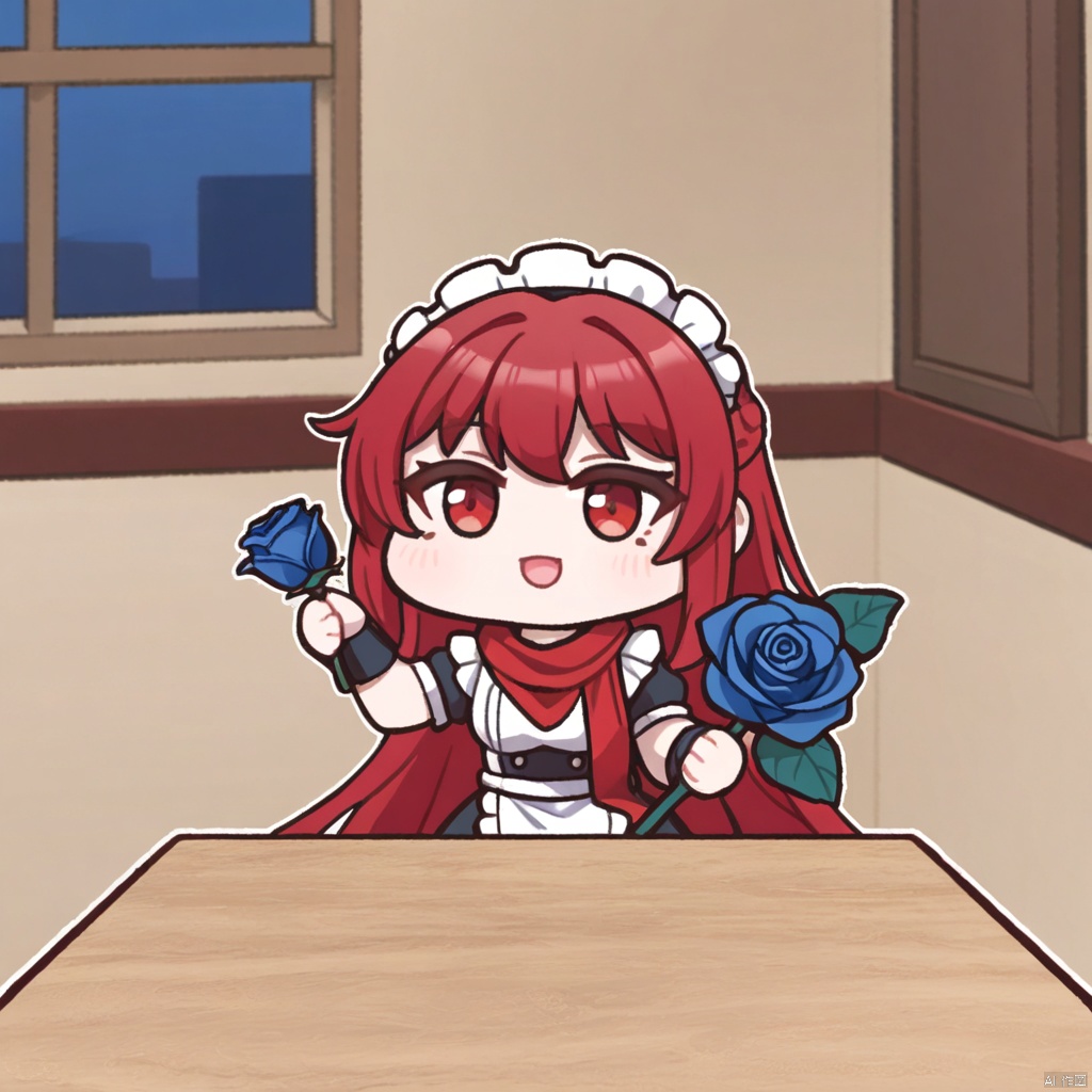 1girl,solo,red hair,red_eyes,red scarf,maid,chibi,
meme,Give you a blue rose,toward the lens,roses,with blue rose,holding,upper body,smile,big rose,blue rose near view,Focus on the blue rose,