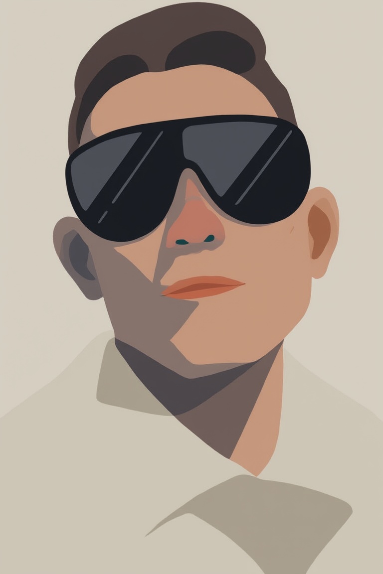 flat_art of man wearing sleek black sunglasses,  their angular face and defined jawline taking center stage against a neut...