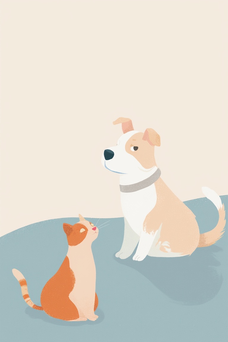 flat_art illustration of a curious cat and playful dog sitting together on a flat,  textured surface,  surrounded by soft...