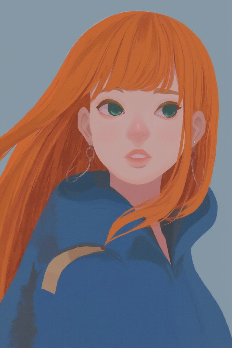 flat_art of woman orange long hair,  green eyes,  wearing blue jacket on Tensor.Art