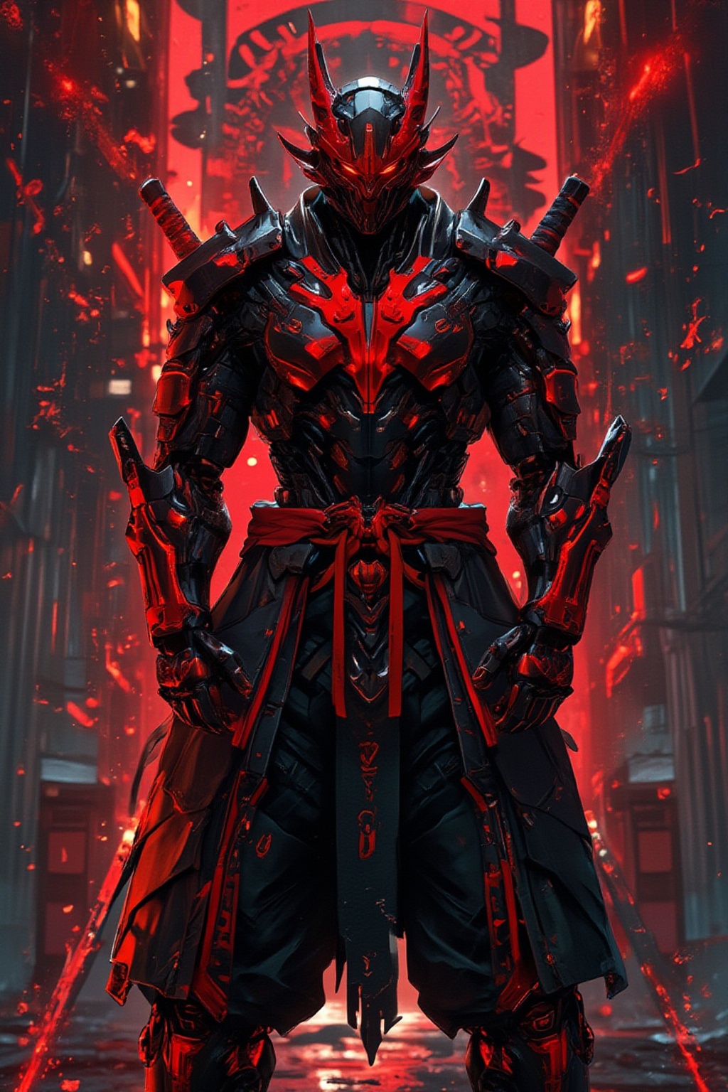 a red and black demon standing upright on the ground with two swords in front of him,  very beautiful cyberpunk samurai,...