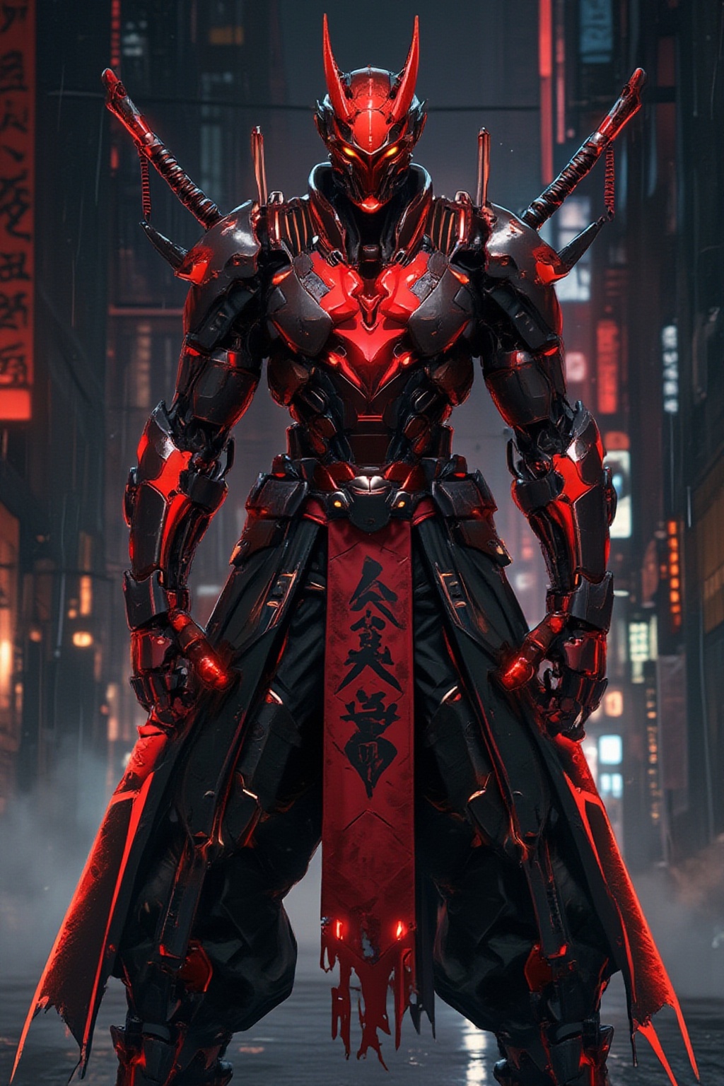 a red and black demon standing upright on the ground with two swords in front of him,  very beautiful cyberpunk samurai,...