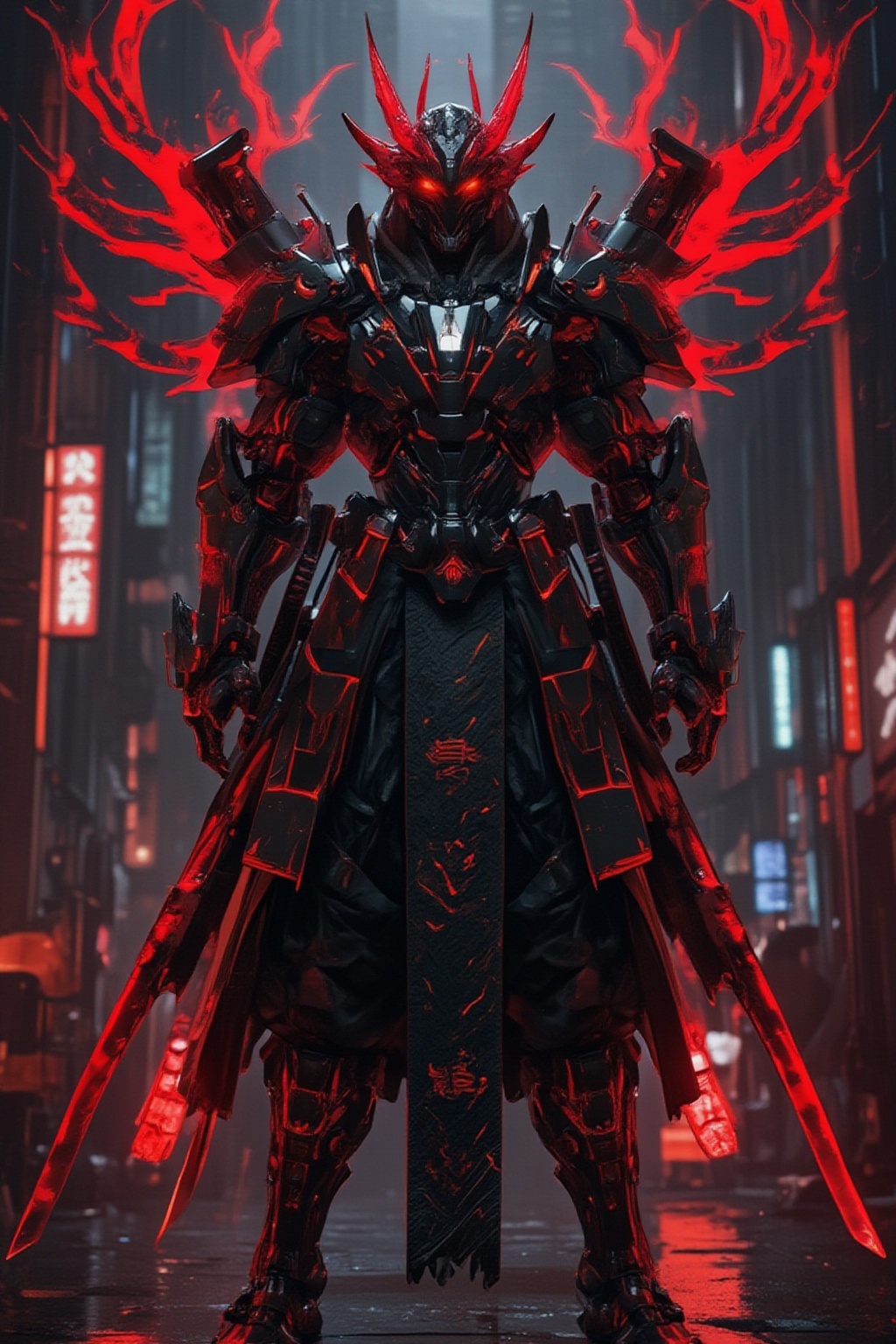 a red and black demon standing upright on the ground with two swords in front of him,  very beautiful cyberpunk samurai,...