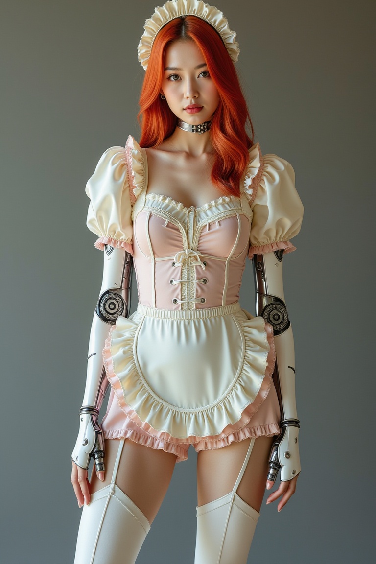 A young woman with vibrant red hair,  dressed in a unique fusion of styles. She wears a baby outfit,  including a soft on...